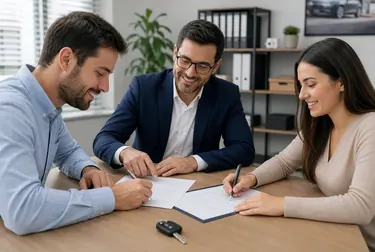 Cliente assinando papéis para transferência de veículo com um despachante ao lado.
