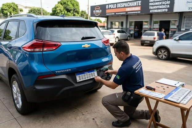 Veículo recebendo a placa durante o processo de emplacamento.